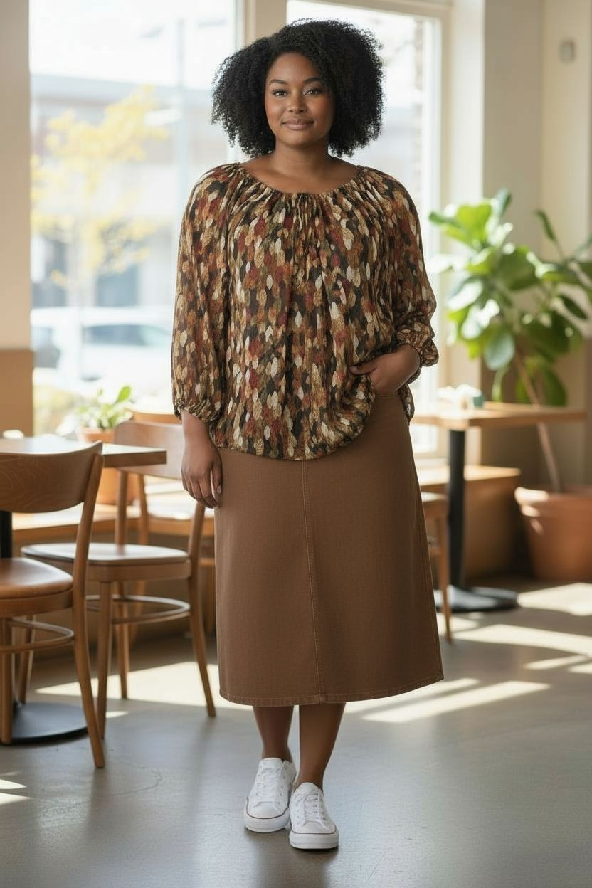 Blouse Marron Motifs Feuillages